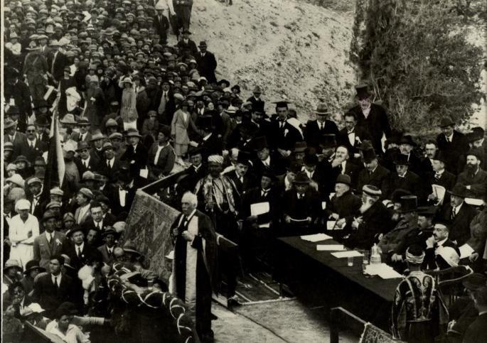Lord Balfour speaks at the opening ceremony of the Hebrew University in Jerusalem